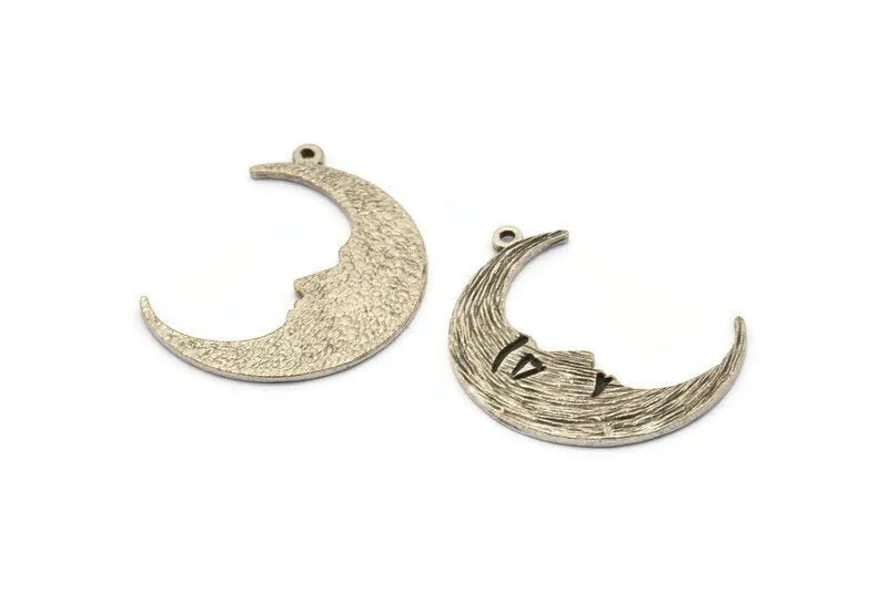 Antique Moon Charm, 4 Antique Silver Plated Brass Crescent Moon Charms With 1 Loop (32x1.2mm) N1512