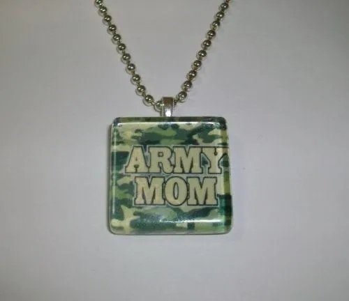 ARMY MOM CAMO PRINT Crystal Glass Tile Pendant Charm Necklace