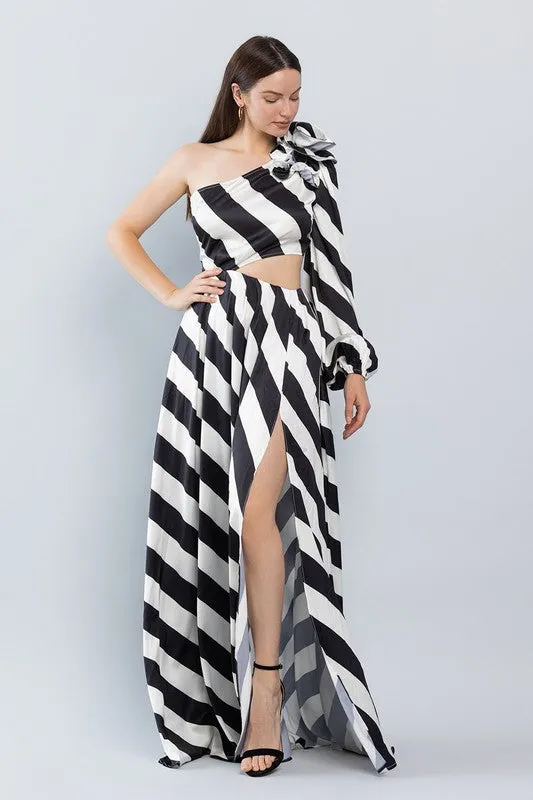 Bellucci Striped One Shoulder Maxi Black