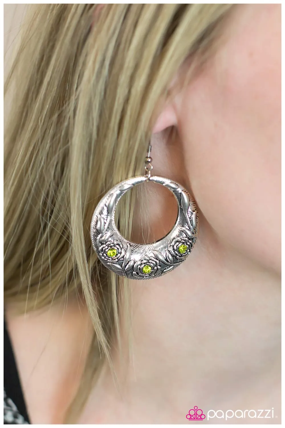 Blooming Borders Green Rhinestone and Silver Earrings - Paparazzi Accessories
