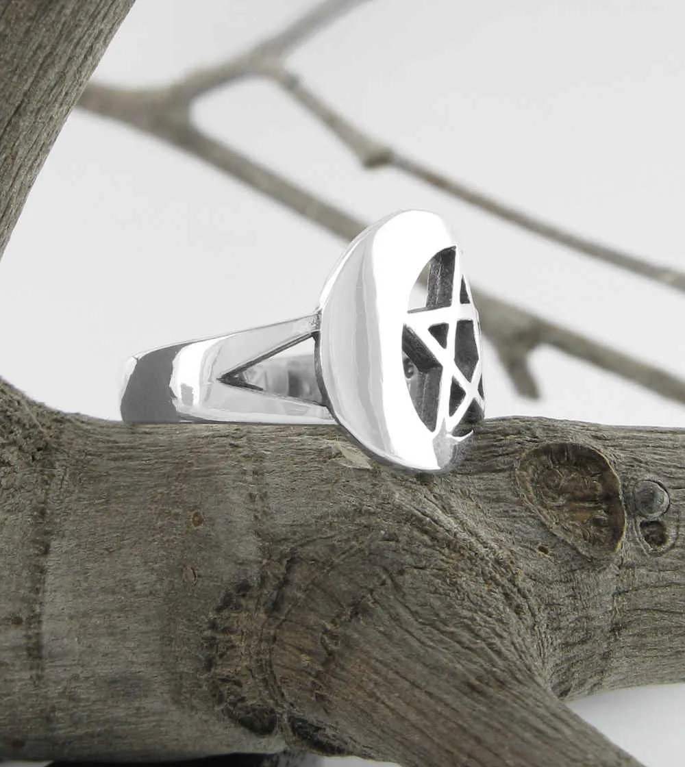 Crescent Moon & Pentagram Ring