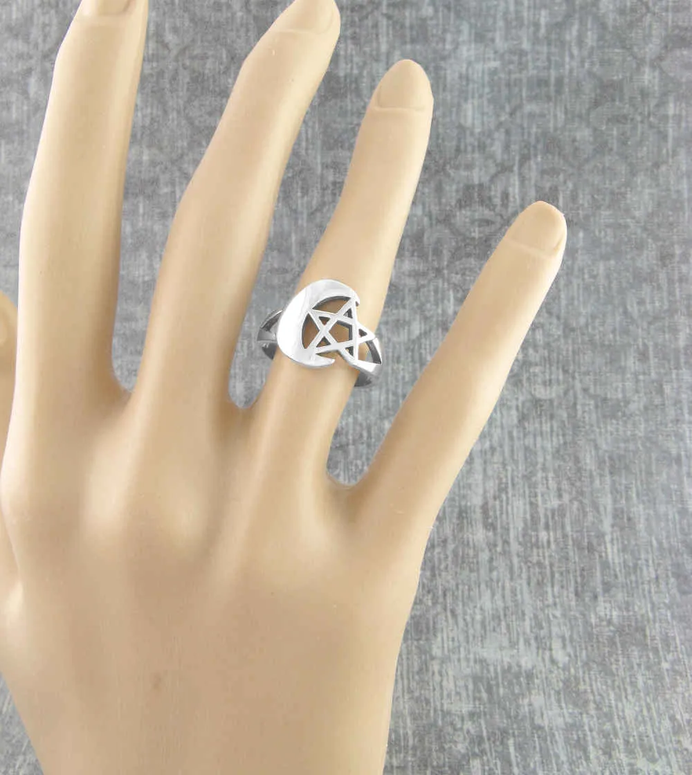 Crescent Moon & Pentagram Ring