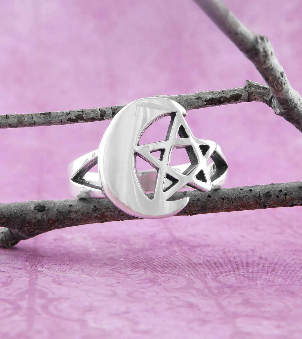 Crescent Moon & Pentagram Ring