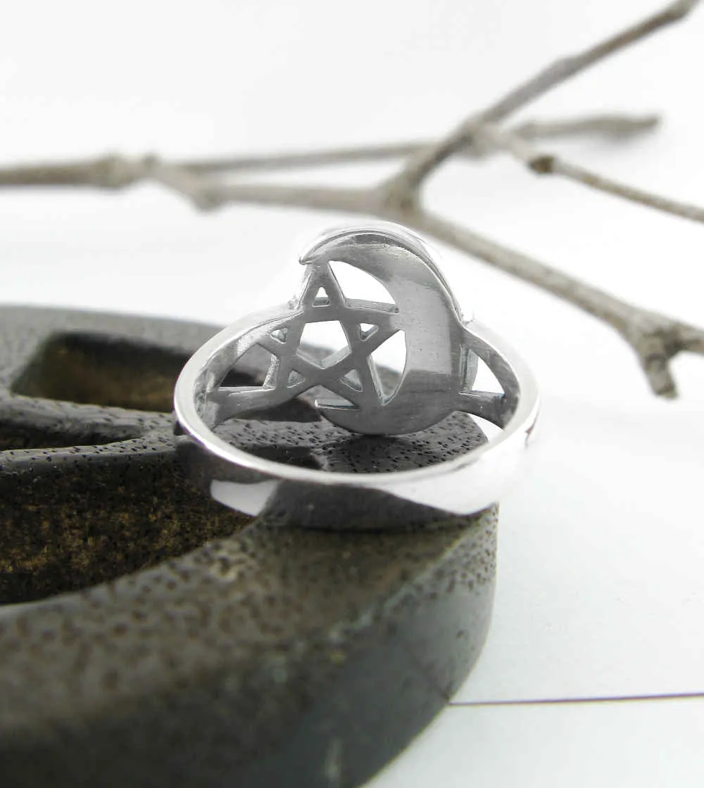 Crescent Moon & Pentagram Ring
