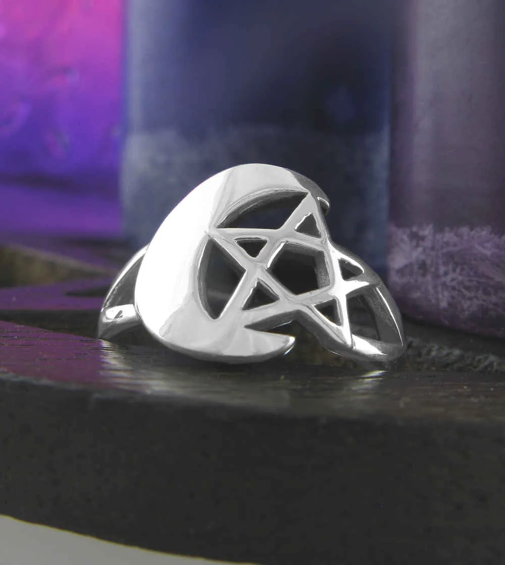 Crescent Moon & Pentagram Ring
