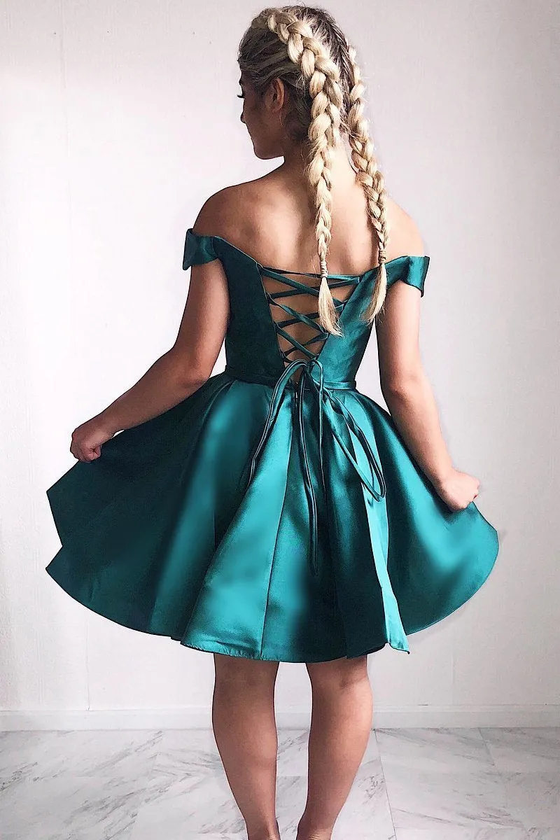Cute Off the Shoulder Short Dark Teal Sweetheart Homecoming Dress Short Prom Dresses
