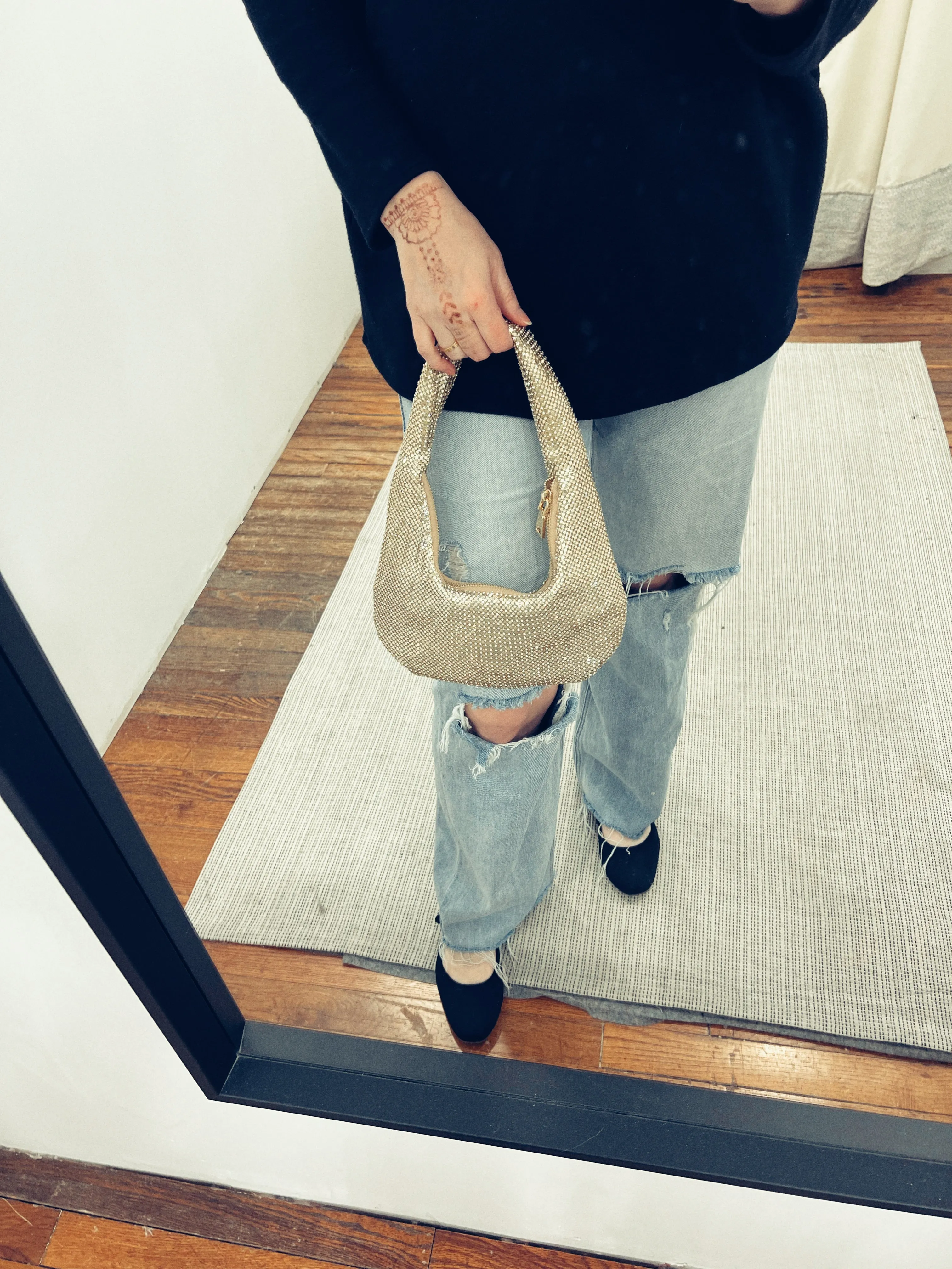 Kiki Metallic Rhinestone Mesh Bag in Gold