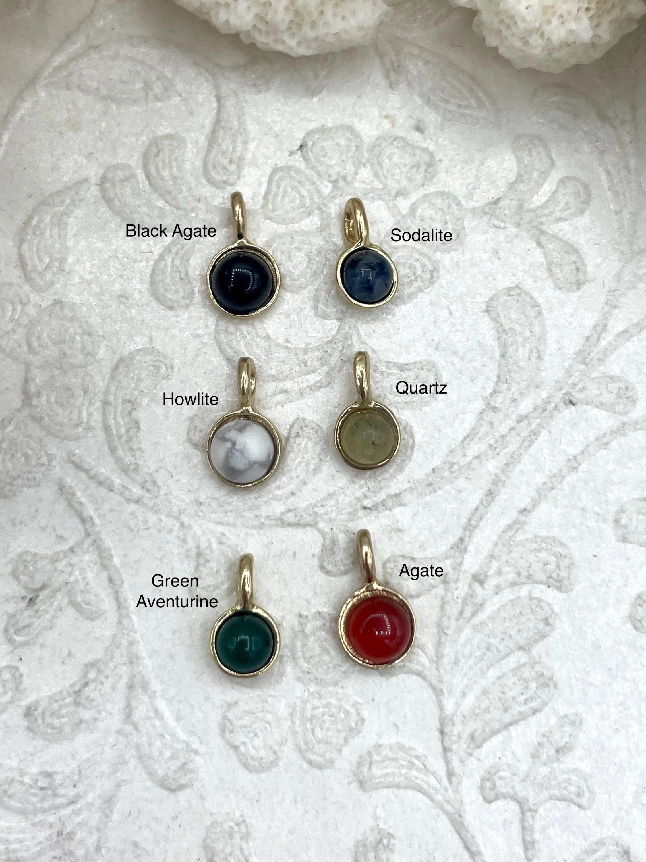Small Round Natural Stone Pendants Gold Soldered, Natural Stone Pendants, will come in a variety of patterns, 6 styles, Fast Ship