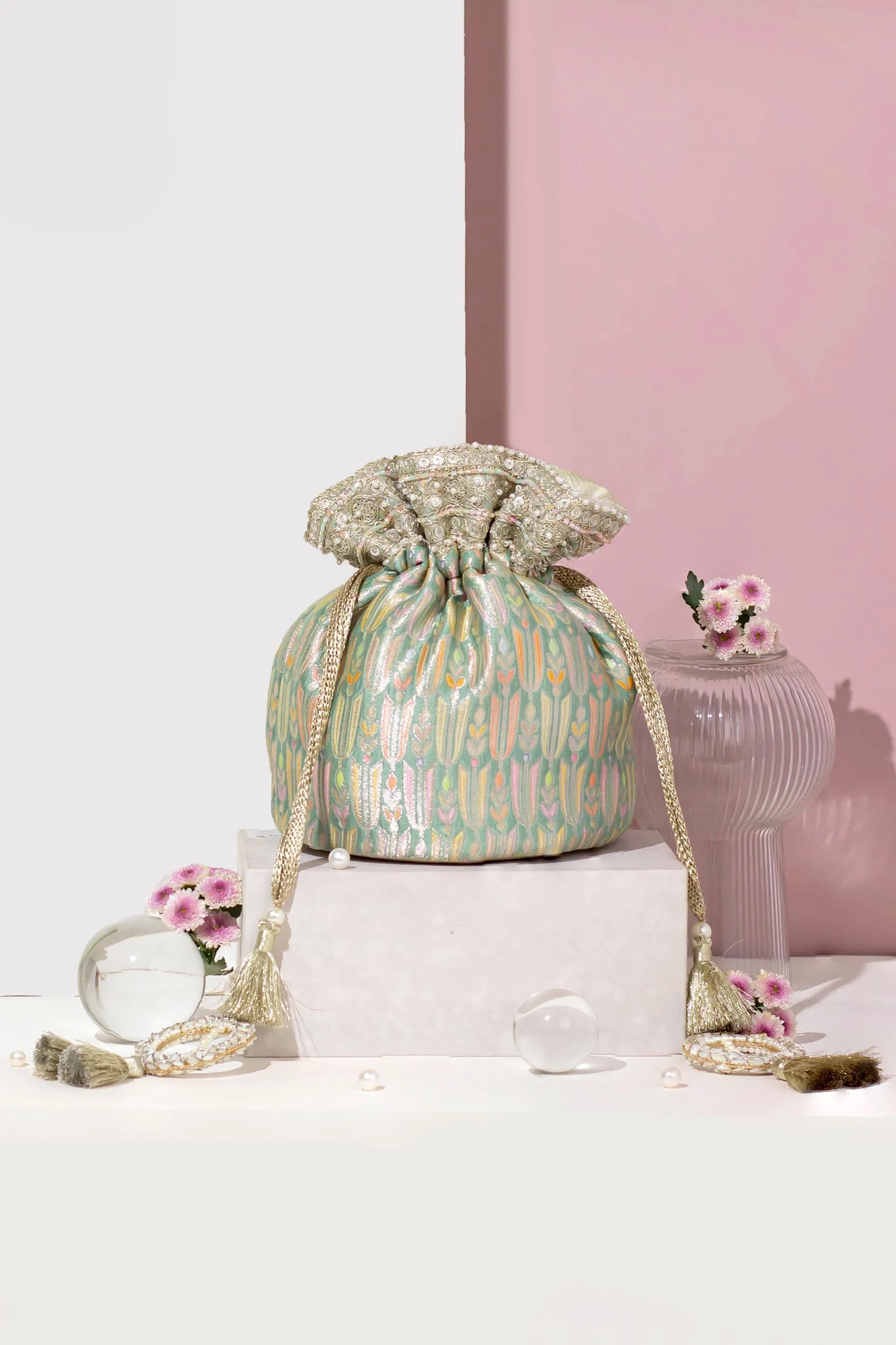 Titli Pure Banarasi Silk Bucket Potli - Teal