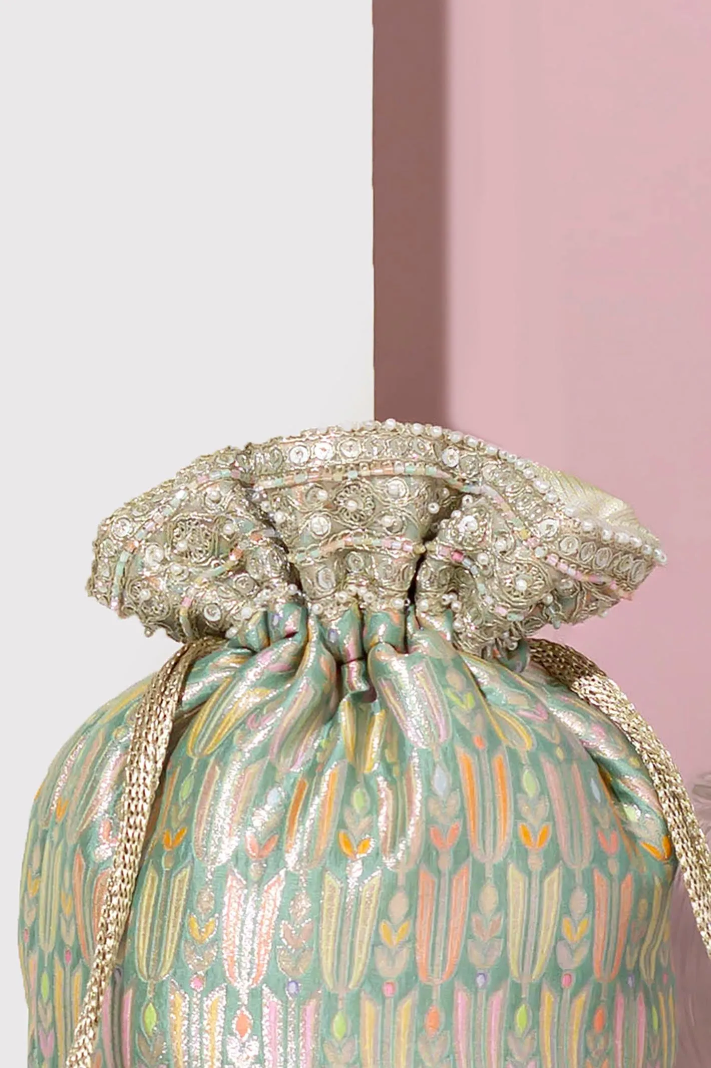 Titli Pure Banarasi Silk Bucket Potli - Teal