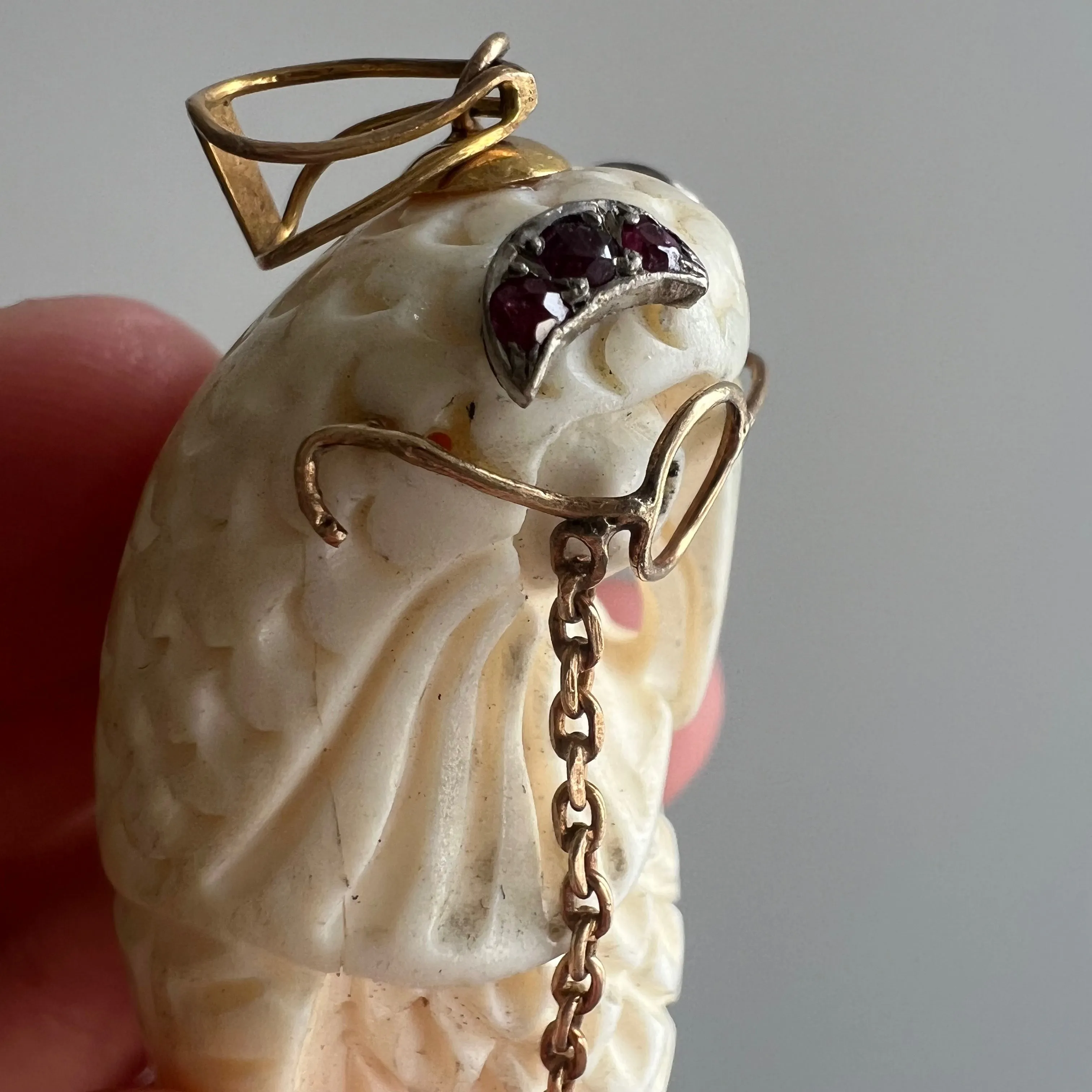 V I N T A G E // parliamentary matriarch / HUGE carved bone owl pendant with 14k and ruby accents